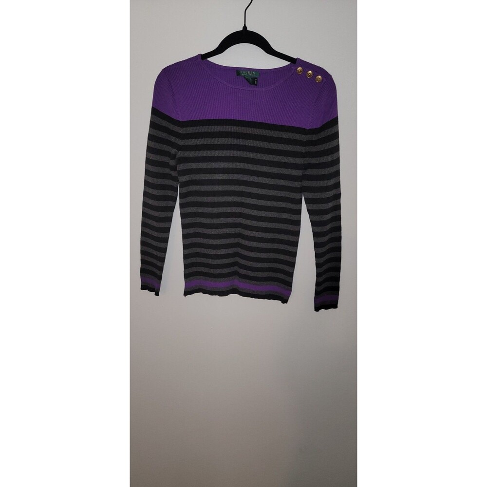 Ralph Lauren Womens Sz L Long Sleeve Striped Ribbed Top Sweater Casual Cotton